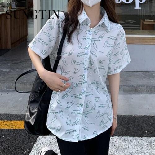 Sungtin Korean Fashion Print Blouses Women Summer Vintage Short Sleeve Button Up Blouse Shirts Casual Regular Harajuku Shirts