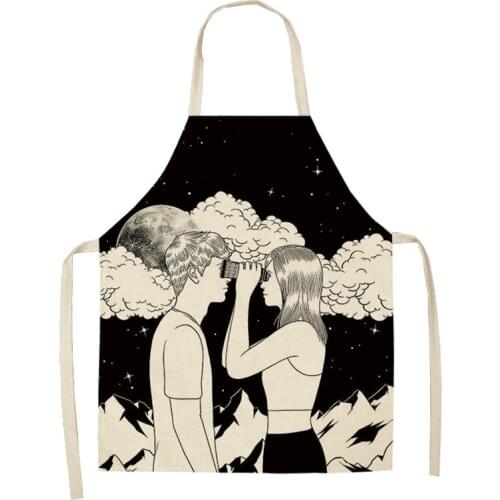 Black White Aprons Women Men Flower Cotton Linen Aprons for Kitchen Home Cooking Baking Cleaning Accessories