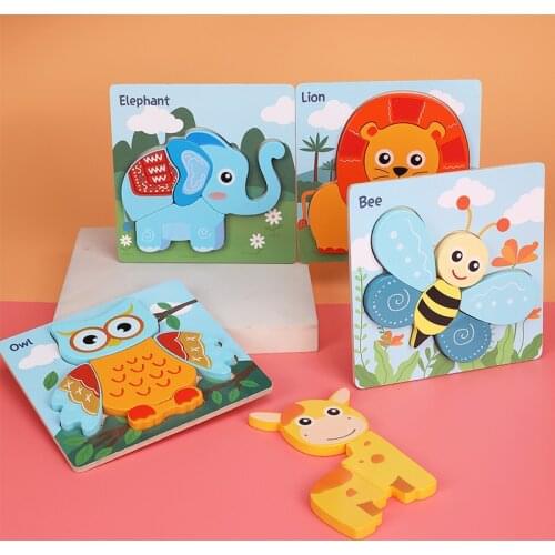 Wooden Cartoon 3D Puzzle For Kids Montessori Educational Children Toys Car Animals Learning Cognition Jigsaw Puzzle For Toddler