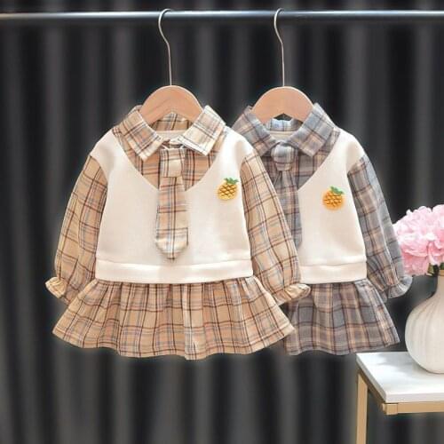 Kids Baby Girls Princess Dresses Girls Plaid Fake two-piece Dresses for Children Spring Tie Preppy Styles Clothes Girls Vestidos
