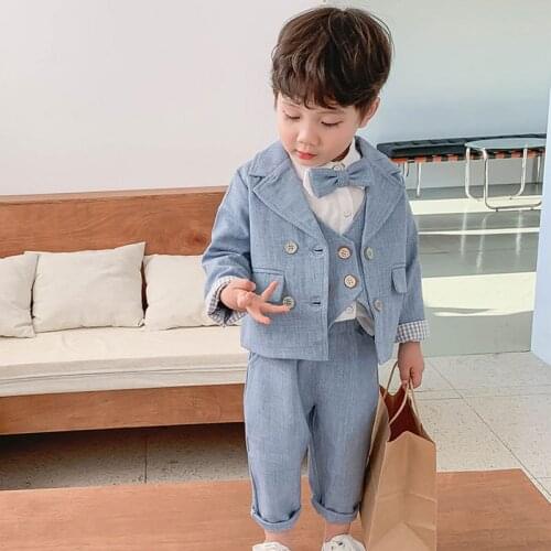 Boy Child Wedding Suit 2021 Childrens Formal Clothing Kids Gentleman Blazer+Blouse+Vest+Pants Outfits Korean Boys Clothes Sets