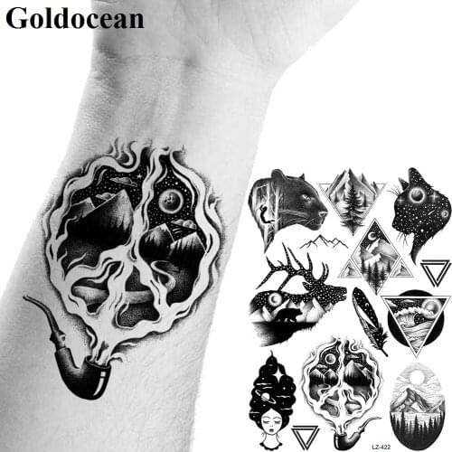 GoldOcean Black Animals Galaxy Peak Pipe Wrist Tattoos Stickers Women Men Arm Chest Tattoo Temporary Triangle Body Custom Tato