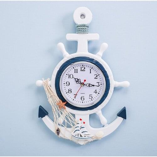 Horloge murale Summer Marine Wooden Wall Clock Mediterranean Rudder Anchor Home Decor Clocks Decoration Mute Wood Digital Watch