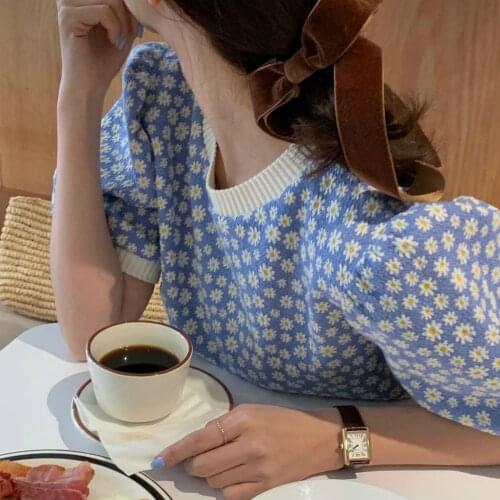 Sweet Summer Short Blue Daisy Shirt Puff Sleeve Knitted Pullovers Round Collar Tops