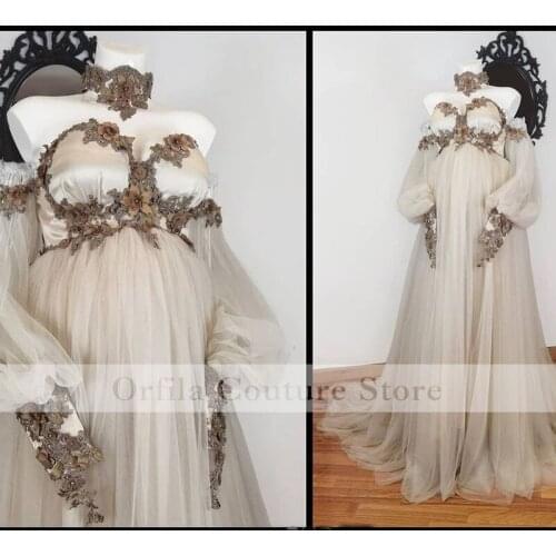 Fantasy Mystical Couture Prom Dress Off the Shoulder Women Pregnant Party Dess Long Sleeves Appliques vestidos de fiesta