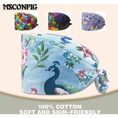 Fashion Peacock Printed Cotton Breathable Sweat and Breathable Nurse Cap Dental Surgery Cap Beauty Salon Pet Shop Scrub Cap