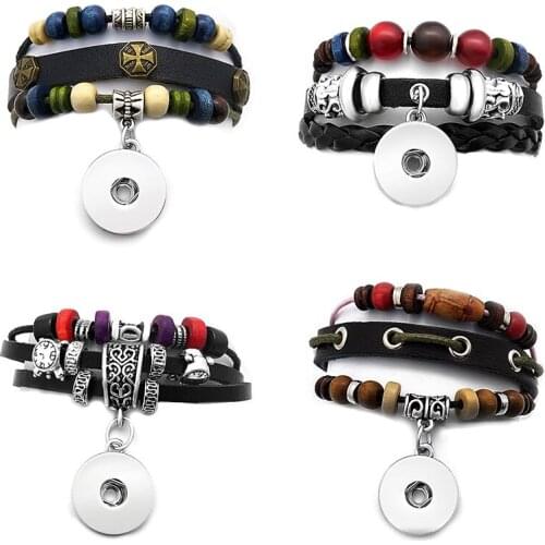Fashion Multi-layer Weave Rope Cuff Leather Bracelet beads beauty snap bracelet fit 18mm snap buttons DIY snap jewelry SE0200