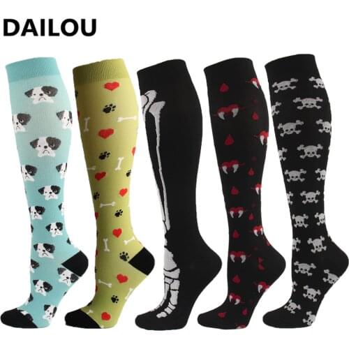 Novelty Nursing Compression Socks Men Women Cartoon Funny Dog Bone Knee High Socks Varicose Veins Diabetic Nylon Socks Popsocket