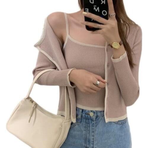 Autumn 2021 Knitted Suit Women New Korean Slim Vest Sling Women Long-Sleeved Two-Piece Set Solid Color Fashion Thin Outer Wear