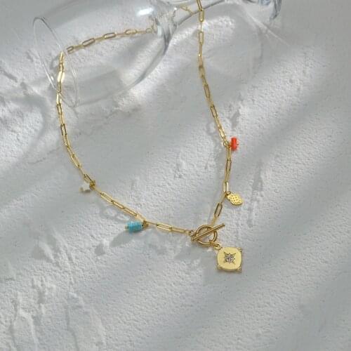 Handmade Stainless Steel Toggle Chain Collar Necklace For Women Natural Stone Round Star Pendant Necklace Summer Jewelry 2021