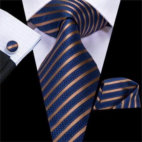 Hi-Tie Gift Mens Tie Set Navy Blue Gold Striped Silk Wedding Tie For Men New Design Quality Tie Hanky Cufflink Set Dropshipping