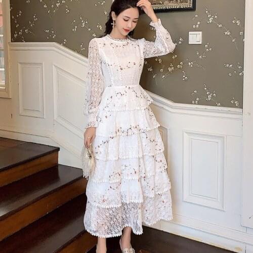 Vintage Spring Women Lace Embroidery Streetwear Ruffles Layered Midi Long Dress Elegant Princess Party Holiday Dress Vestidos