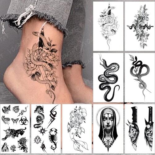 Waterproof Temporary Tattoo Sticker Old School Flash Tatoo Knife Snake Flowers Arm Wrist Fake Tatto For Body Art Women Men