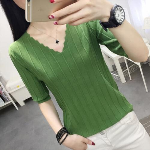 Woman Sweaters Spring Summer Slim-Fit Half Sleeve T-shirt Womens V-neck Solid Color Sweater Top Femme Chandails Pull Hiver