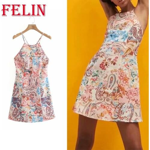 Women Digital Print Sling Dress Vintage Chic Floral Print Mini Dress Za 2021 Sleeveless Summer Y2K Elegant Beach Dress