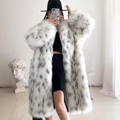 2021 Women Imitation Fox Fur Coat Black Dot Leopard Print Warm Coats Luxury Fur Lapel Plus Size Female Plush Long Thick Overcoat