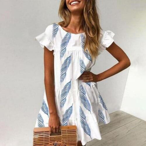 Women Dress Feather Print Comfortable Casual Ladies Short Sleeve Loose Dress Ladies Sleeveless Party Elegant Long Maxi Dress