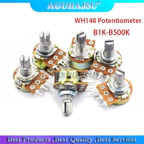 5pcsWH148 B1K B2K B5K B10K B20K B50K B100K B500K 6Pin Shaft Amplifier Dual Stereo Potentiometer 1K 2K 5K 10K 50K 100K 500K 15MM