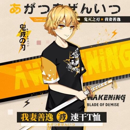 Anime Demon Slayers Blade Surrounding Agatsuma Zenitsu Round Neck Short Sleeve Two-Dimensional Fashion Causal T-shirt