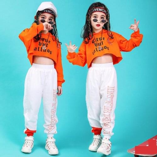 Children Hip Hop Clothing Orange Cropped Hoodie T Shirt Sweatshirt Casual Pants Girls Jazz Dance Hiphop Performance Clothes Wear