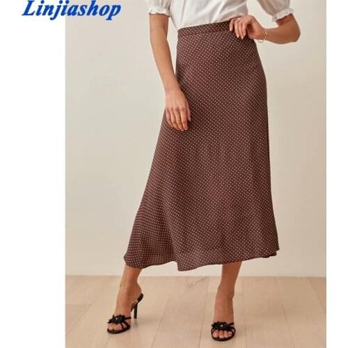 Elegant White Dot Print Midi Skirts Womens Summer Chiffon Brown Girl Skirt High Waist Bottom