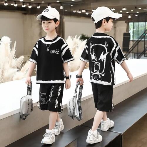 Summer Boys Costume 4 6 8 10 12 13 Years Big Boys Tees + Shorts Outfit Cartoon Monster Print Design Suit Cotton t shirt Tops Set