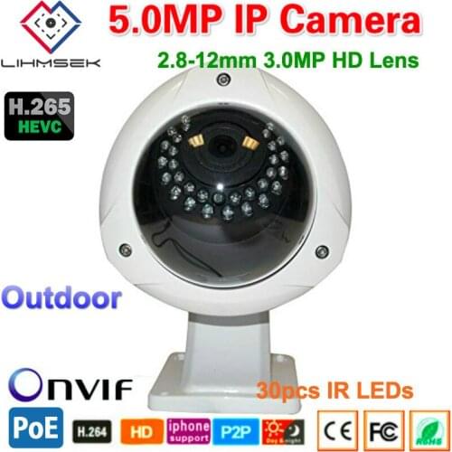 Lihmsek H.265 Outdoor Vandal-proof IP Camera Network CCTV Support POE ONVIF P2P with 2.8-12mm Varifocal Lens Wall Mount Bracket