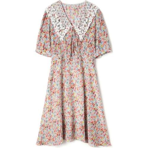 Half Sleeve Sweet Summer Ladies Silk Dress Lace POLO Collar Elegant Flower Printing Medium Skirt Waist A-Line Womans OL Skirts