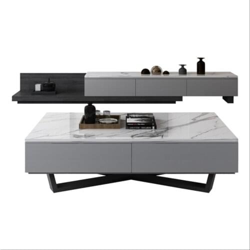 Marble tea table TV cabinet combination simple modern black-and-white gray living room rock plate tea table TV cabinet