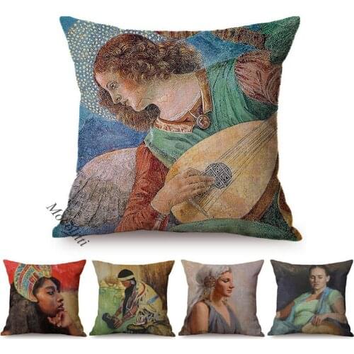 Classical Art Woman Portrait Pattern Sofa Pillow Cases Egypt Goddess Vintage Oil Painting Decoration Cotton Linen Cushions Cover