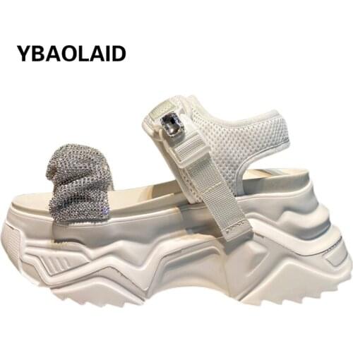 Solid Color Open-toe Rhinestone Platform Old Sandals New Waterproof Platform One-word Buckle Strap Velcro Platform Sneakers