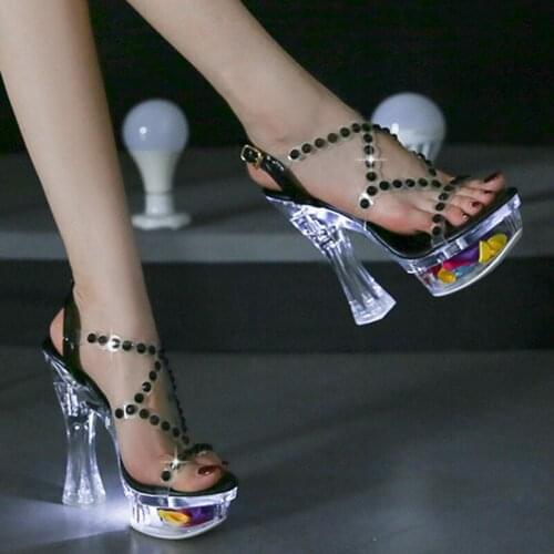 Buckle thick heel high heel sandals open toe Roman sandals womens shoes luminous transparent plus size