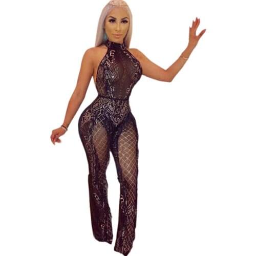 Sexy Sheer Mesh Black Sequin Jumpsuit Women Rompers Sleeveless Halter Backless See Through Nightclub Sparkly Jumpsuit Overalls
