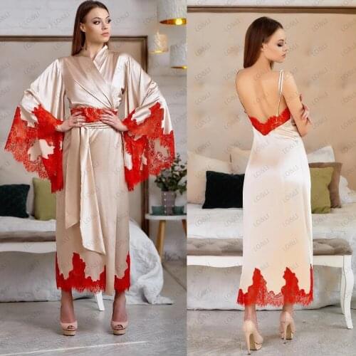 Champagne Silk Satin Bridal Nightgown Night Dress Lace Long Sleeves Sleepwear Nightdress Women Nightwear Bridal Boudoir Dress