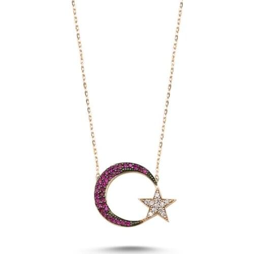Silverlina Silver Zircon Stone Moon Star Necklace