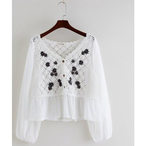 Thin Pullover Blouse Women Spring Summer Blouse Retro Hollow Embroidery Knit Sweater Short Chiffon Shirt Women