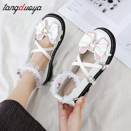Sweet Lolita Shoes women Harajuku Cute shoes lolita shoes bow white Lace mary jane shoes Loli Round Head Women Shoes Princess