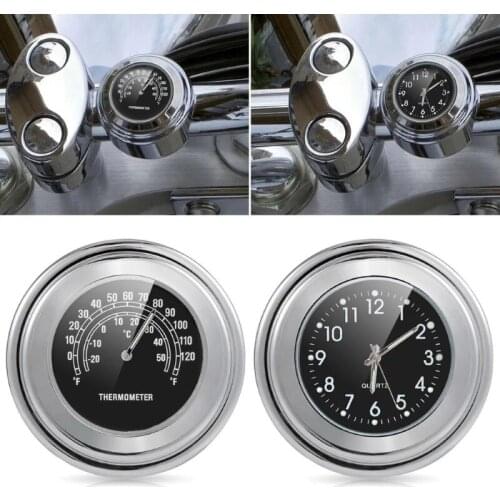 2PCS Universal 7/8" Motorcycle Handlebar Mount Quartz Clock Thermometer Waterproof Chrome Motorcycle Handlebar Clock Watch
