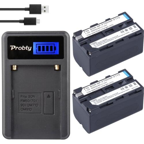 2Pcs PROBTY 5000mAh NP-F770 NP-F750 NPF770 F750 battery + LCD Charger For Sony CCD-SC5 CCD-SC100 CCD-TR910 DCR-TRV315 CCD-RV100