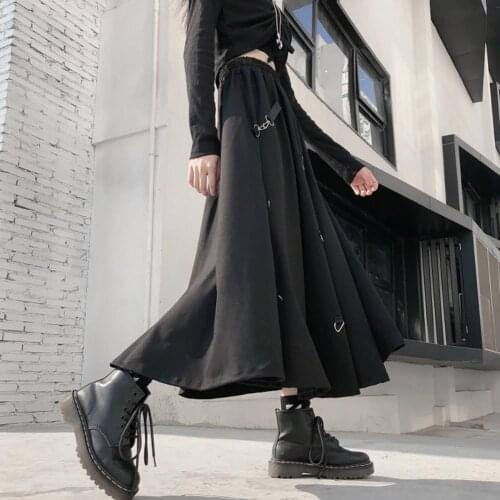 2021 Summer Fashion Solid Color Dark Style Women Girl High Waist Hanging Buckle Autumn Street Black Long Skirt