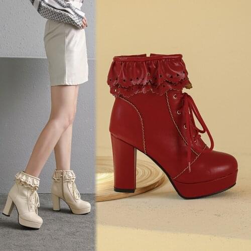 YMECHIC Autumn Winter Lolita Hollow Ruffles Cross Strap Fashion Ankle High Heel Boots Pink Red Beige Platform Party Ladies Shoes