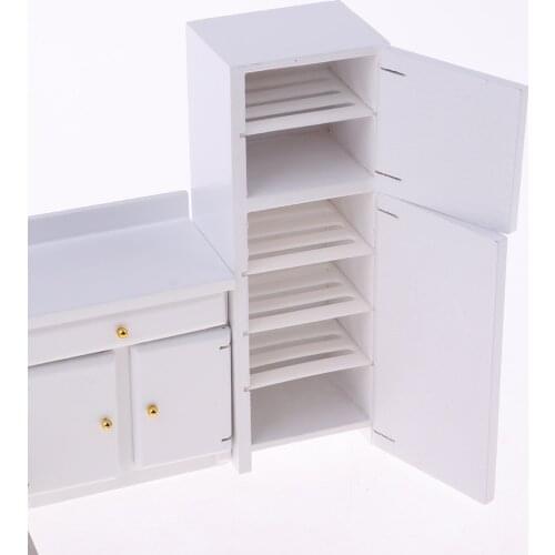1:12 Miniature Furniture White Wooden Kitchen Cabinet Sink Stove Samll Refrigerator Set for Dolls House
