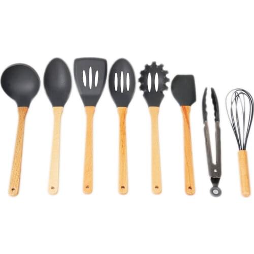 8 Piece Silicone KITCHEN UTENSIL SET Cooking Tool with Wooden Handle Cooking Spoon Set