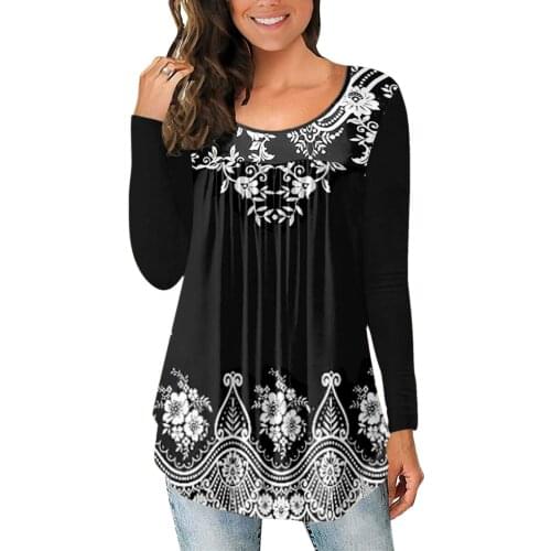 40# Round Neck Casual Pleated Blouses Womens Stitching Floral Print Long-sleeved Top Shirt Loose Casual Blouses Рубашка Женская