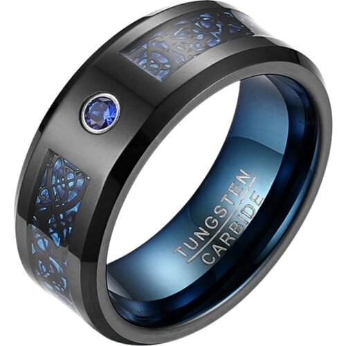 BONISKISS Hot Sale 8MM Carbon Fiber Exquisite Blue Zircon 100% Tungsten Carbide Men Rings Wedding Bands Anillos para hombres