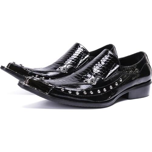 Black spiked loafers rivets mens pointed toe dress shoes metal tip studded classic slip on rocodile oxford shoes for men male