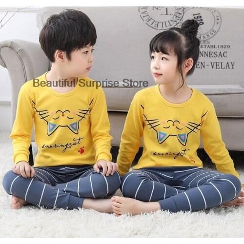 Childrens Sleepwear Baby Girl Clothes Suit Long Sleeve Cotton Pijamas Girls Pajama Sets Kids Pyjamas Cartoon Cat Yellow Pajamas