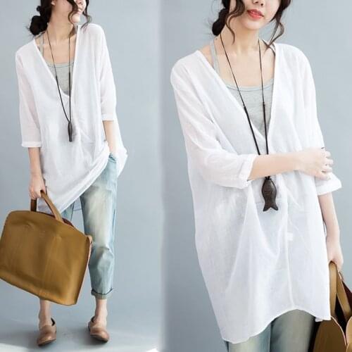 Long White Women Blouses 2021 Summer New Casual Design All Match Loose Lady Elegant Pulls Tops Tees