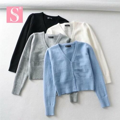 STVY 2021 Spring Women Fashion Casual V-Neck Long-Sleeve Cardigans Tops Single Breasted Elastic Knitting Thin Sweater Crop Tops