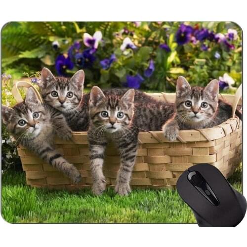 Mouse Pad with Stitched Edge,Baby Animal Basket Kitten Animal Cute Spring Cat Non-Slip Rubber Base Mousepad